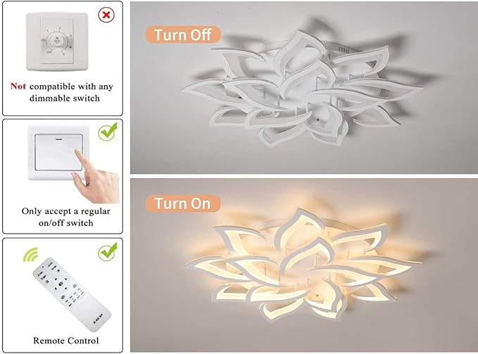 Garwam LED Dimmable Flower Shape Ceiling Light 14-Head Modern Petal Flush Mount Ceiling Lamp with Remote Control White Metal Acrylic Ceiling Chandelier Lighting for Living Room Bedroom Dining Room
