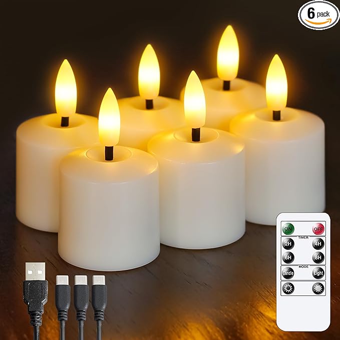 Rechargeable Small Flameless Tea Light Candles with Remote Function, LED Votive 2/4/6/8 Hours Timer Ivory 1.5" x2.5" Mini Plastic Set of 6 Tealight (Charging Cable Included)