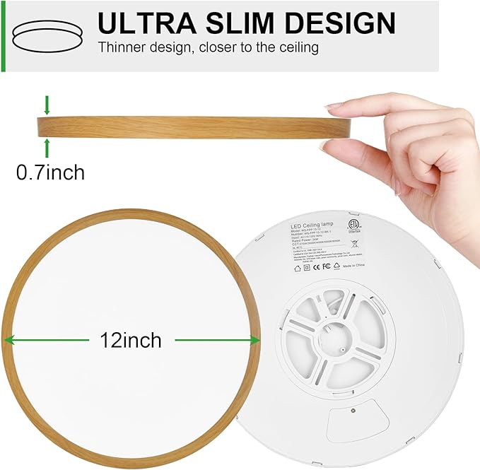 LED Flush Mount Ceiling Light: 12 inch 1Pack Super Slim Dimmable & 5CCT (2700-6500K) Kitchen Lighting Fixtures Ceiling - 24W Wooden Low Profile Ceiling Lamp for Bedroom Garage Hallway