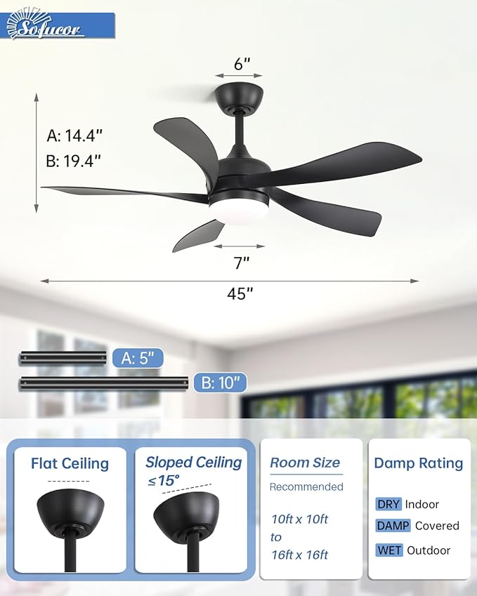 Sofucor 45 Inch Ceiling Fan with Lights and Remote, Indoor/Outdoor Ceiling Fan with Light 6-Speed 3 CCT 3-Timer, Low Profile Black Ceiling Fan 5 Blade Quiet DC Motor for Bedroom Living Room Patio