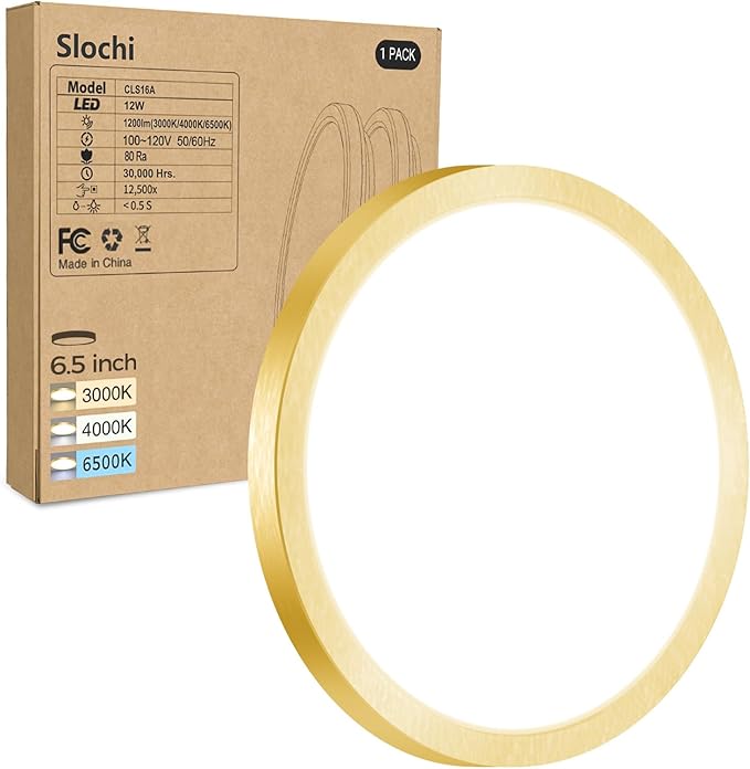 slochi 1PACK LED Flush Mount Ceiling Light Fixture, 3000K-4000K-6500K & 100W Equivalent Modern Kitchen Recessed Ceiling Lamp 12W 1200Lm 6.5 Inch Closet Round Surface for Bathroom Laundry Hallway-Gold