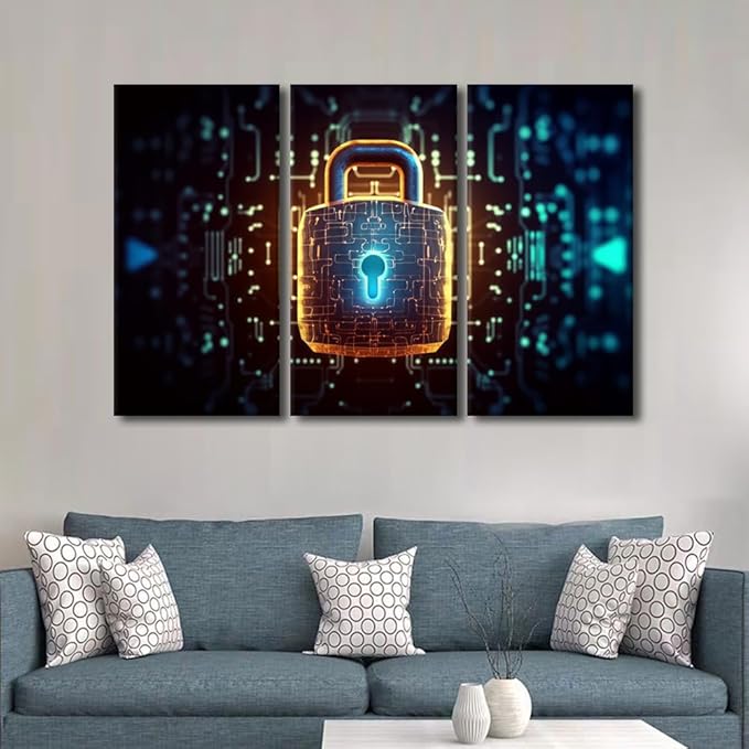 TUMOVO 3 Panel Wall Art Padlock with a Glowing Light at the Top Pictures Print on Canvas for Living Room Bedroom Wall Decoration, Concept Artwork Wooden Framed Ready to Hang, 60" Wx40 H