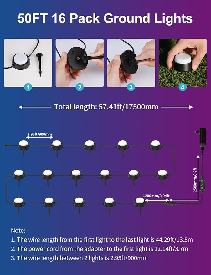 APPECK Smart Outdoor Ground Lights 16 Pack, 50FT RGBW Color Changing Pathway Lights Wired, IP65 Waterproof Landscape Lights, for Garden Yard Lawn Walkway Holiday Party Decor, Compatible with Alexa