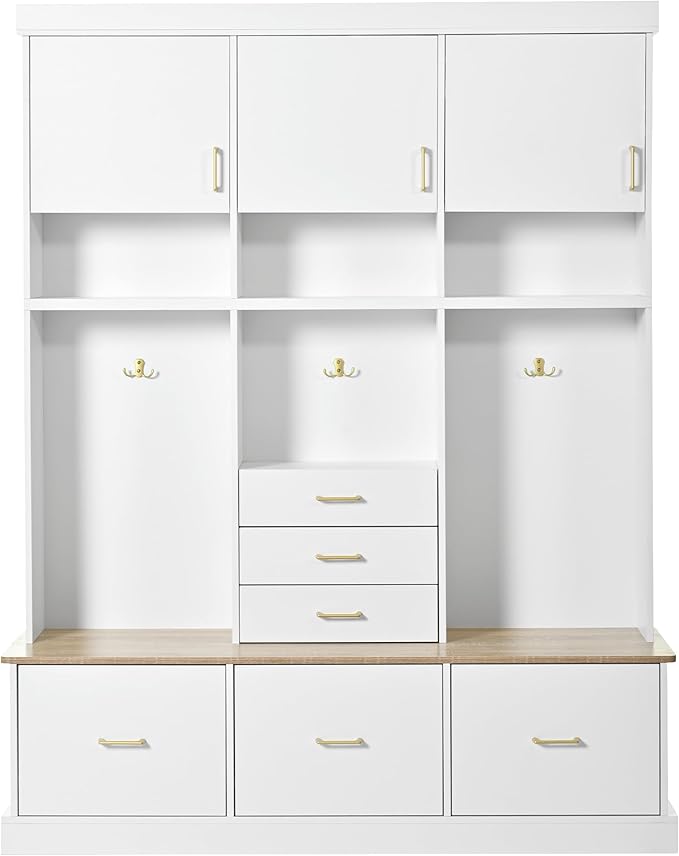 Amposei Hall Tree with Storage Bench & Coat Rack 58’’W Modern Tall Entryway Oranizer Cabinet with 6 Drawers, 3 Metal Hooks for Living Room Hallway Mudroom, White