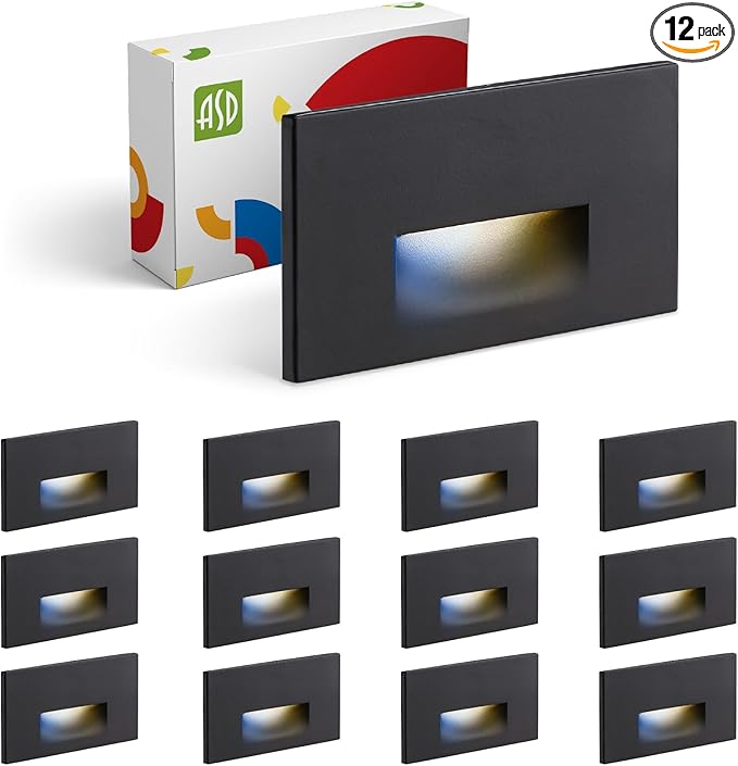ASD LED Recessed Step Light Fixture, Outdoor & Indoor Stair Tread Lighting | 3CCT, Dimmable, Waterproof, ETL Listed | 3W 120LM 3000K-5000K 120V | Staircase Hardwired Illumination | Black, 12 Pack