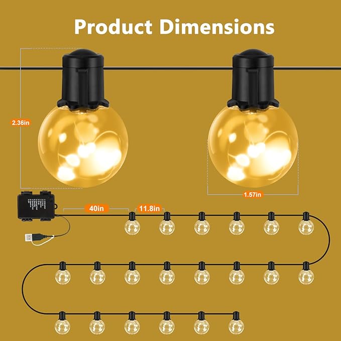 Outdoor String Lights Battery Powered, 22ft 20 G40 Warm White & Multicolor LED Bulbs Hanging Patio Lights Dimmable with Timer & Remote, IP65 Waterproof for Indoor Backyard Balcony Decor