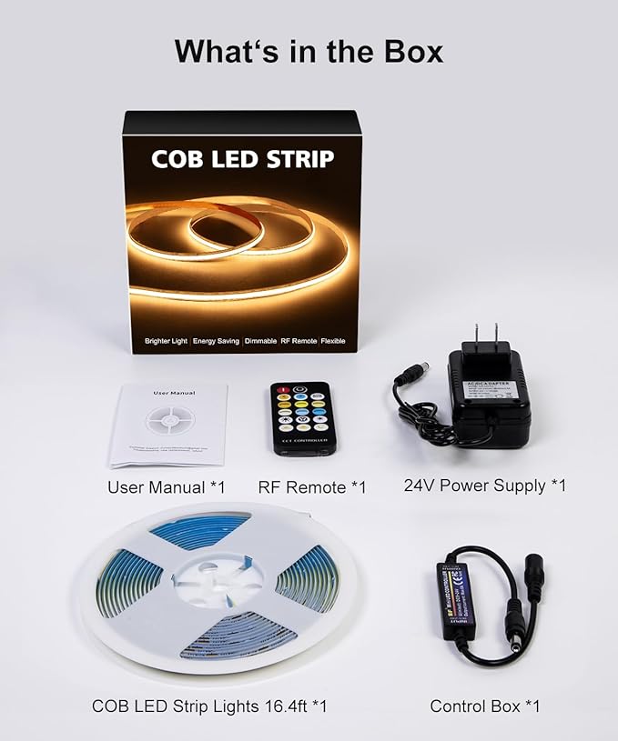 Fussion COB Led Strip Light 16.4ft Warm White LED Lights for Bedroom, Ultra Bright 24V Cabinet Strip Lighting with Remote Control, Ambient Mood Lighting for DIY Mirror, TV, Nightstand, Kitchen