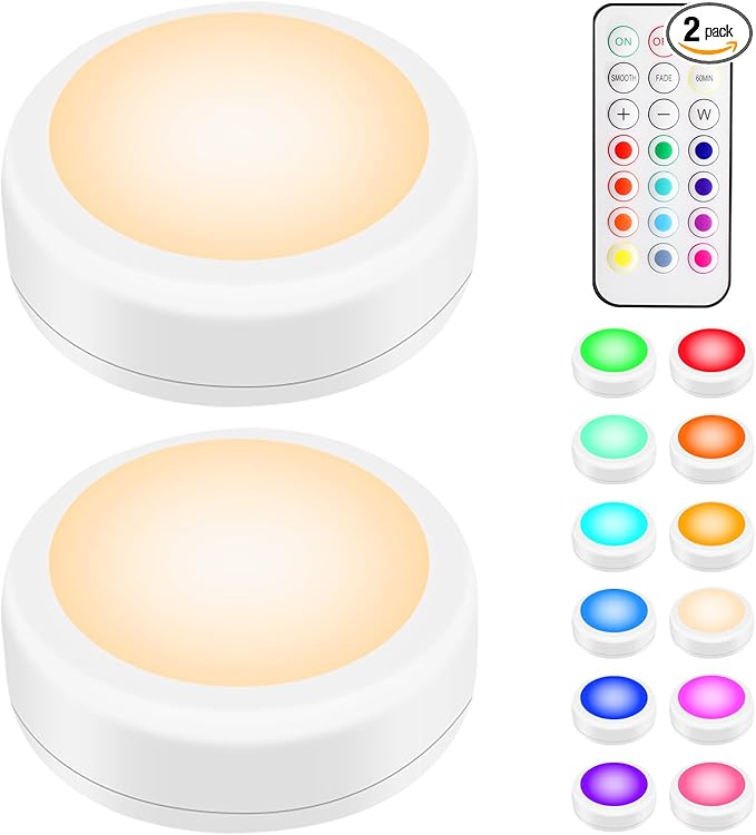 BLS LED Puck Lights with Remote Control, Wireless Under Cabinet & Closet Lighting, RGB 13 Color Changing Lights with Dimmer, Timer & AA Battery Operated, Push, Touch, Stick on for Night, White, 2 Pack