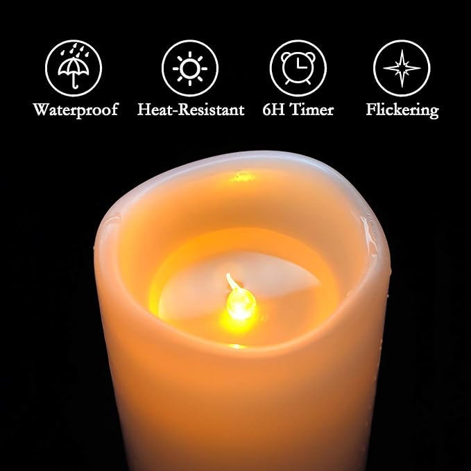 Homemory 4" x 8" Waterproof Outdoor Flameless Candles, Battery Operated Flickering LED Pillar Candles with Remote and Timers for Indoor Outdoor Lanterns, Long Lasting, Large, Dark Ivory, Set of 2
