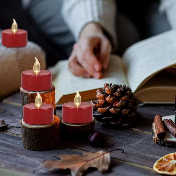 Flameless Tea Lights Candles 50 Pack LED Battery Operated Electric Votive Fake Candles Realistic Flickering and 200+ Hours Long Lasting Bright for Celebrations Festivals (Red)