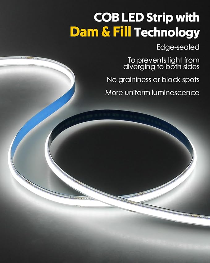 Dimmable COB Led Strip Lights for Bedroom with Dam-Process 24V 6500K 100FT 480LED/M Super Bright White Bluetooth Flexible COB LED Tape Lights with Remote Cold White for Cabinet Home Lighting 30M/2roll
