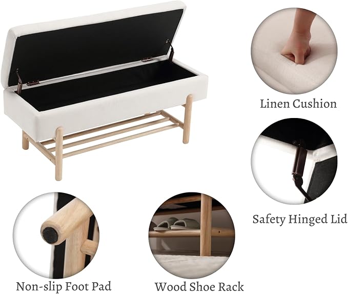 EALSON Modern Storage Ottoman Bench Upholstered Fabric End of Bench with Seating and Wood Shoe Rack Long Entryway Bench for Bedroom/Living Room/Foyer, Linen Beige