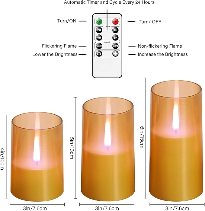 Flameless Candles Upgraded Realistic Flickering Flame,Battery Operated LED Candles with Remote Timers,Acrylic Electric Candles Set of 3(D 3" xH 4" 5" 6")（Gold）