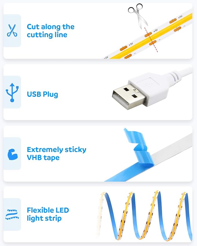Aclorol 5V USB COB LED Strip Light 10FT/3M 960LEDs Warm White 3000K Flexible Tape Lights with Self-Adhesive Cuttable LED Light Strip for TV Backlight Closet Display Under Cabinet Home DIY Lighting