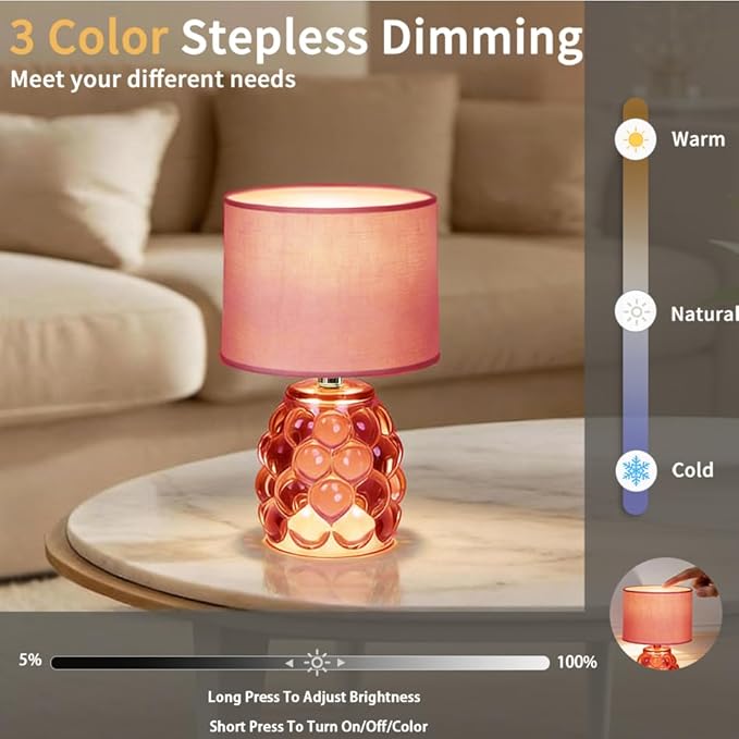 MJ PREMIER Pink Rechargeable Table Lamp Battery Powered Lamp Dimmable Touch Control 3 Color Night Light, Wireless Portable Desk Lamp with USB for Girls Bedroom, Nightstand Kids Room, Home Decor