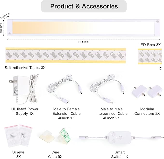 3pack 12inch Dimmable LED Under Cabinet Light Kit, 2700K to 6000K Smart LED Under Counter Lighting Fixture, Compatible with Alexa, Google Assistant, for Kitchen, Pantry, Shelf (White)
