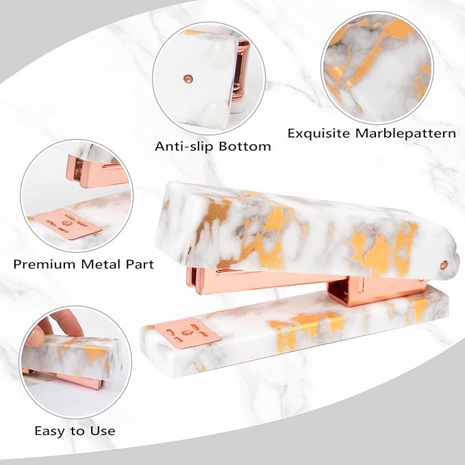 Office Desk Accessories Supplies - 14 Pcs Women Rose Gold Marble Desk Decor Set, Cute Aesthetic Office Essentials Kit, Stapler Tape Dispenser Pen Organizer, Acrylic Mini Teacher Stuff for School Home