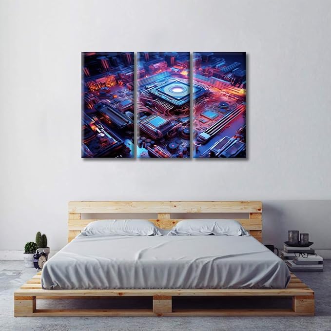 Motherboard Digital Chip Canvas Wall Art Paintings for Wall Decorations CPU Concept Pictures Artwork Wall Art for Living Room 3 Pieces Art Prints Framed Ready to Hang (42"Wx28"H)
