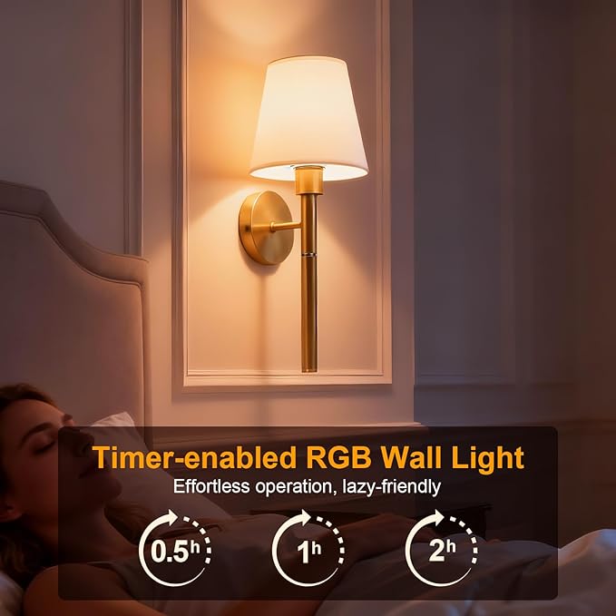 Tomshine 2 Pack Battery Operated Wall Sconces, 5200mAh Rechargeable Wireless Wall Lights with Remote, Magnetic Detachable RGB Dimmable Gold Fabric Lamp for Bedroom Living Room