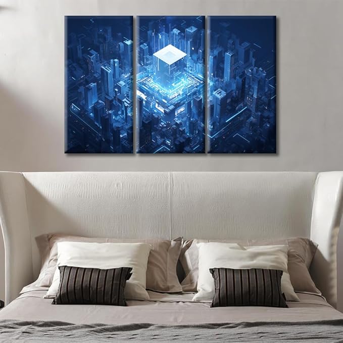 CPU Concept Wall Art Painting Abstract Cube Shape Wall Art Canvas Prints Picture Smart City Stretched and Framed For Living Room Decor Office Wall Decor Home Decoration (36"Wx24"H)