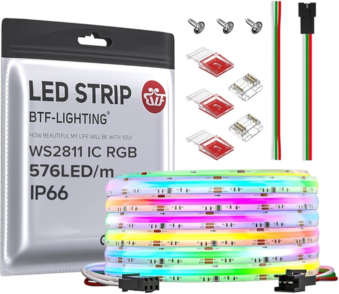 BTF-LIGHTING FCOB IP66 WS2811 IC RGB COB LED Strip 24FT DC24V 576LED/m Flexible High Density Color Chasing Uniform Light 16IC/m 10mm Width for Indoor Lighting Project(No Adapter or Controller)