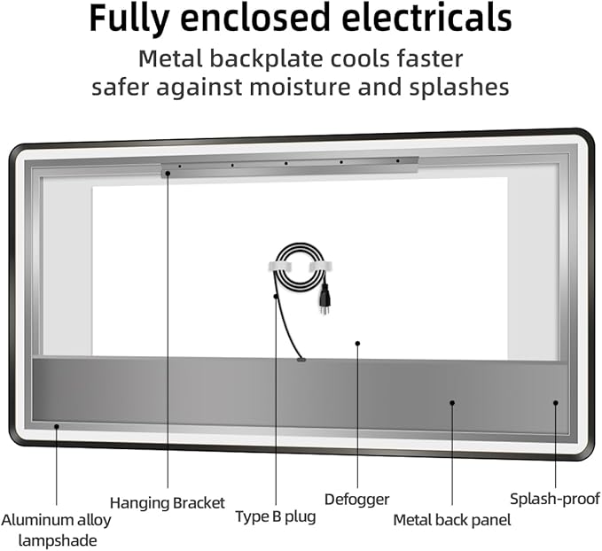 36" x 48" Black LED Bathroom Mirror with Lights, Lighted Vanity Mirror with Anti-Fog, 3-Color Stepless Dimmable, Memory, Shatterproof, UL-Listed, Wall Backlit Mirror (Horizontal)