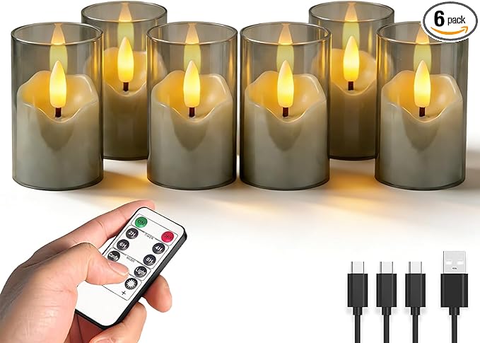 Rechargeable Gray Acrylic Flameless Tea Light 1.7"x2.5" with Remote Control & Timer, Flickering Warm White LED Votive Candles for Home, Wedding, Holiday Decor (Pack of 6)