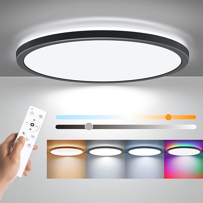 RGB Flush Mount LED Ceiling Light with Remote, 12 Inch Ceiling Light Fixture with Color Changing Backlight, 3000K-6500K Dimmable, 24W for Bedroom Kids Room Black
