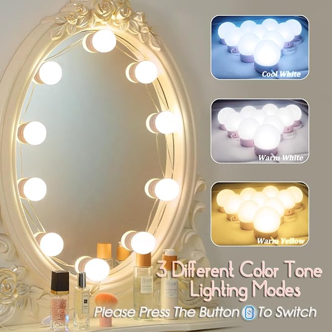 Led Vanity Mirror Lights, Vanity Lights for Makeup Dressing Mirror Lighting,10 Dimmable Bulbs,Adjustable Light Color & Brightness,USB Cable