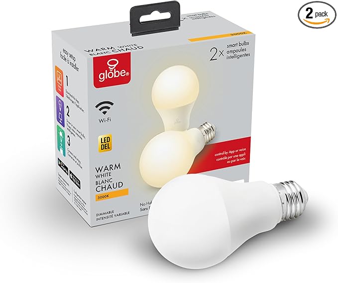 Globe Electric Collection Wi-Fi Smart 10 Watt (60W Equivalent) Dimmable Frosted LED Light Bulb 2-Pack, No Hub Required, Voice Activated, 3000K, A19 Shape, E26 Base 34209, Warm White, 2 Count