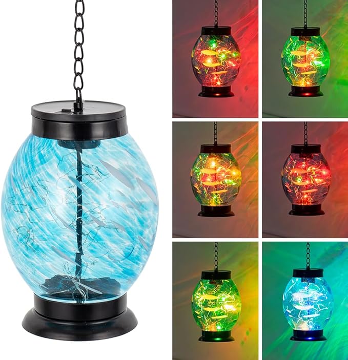 Solar Hanging Lanterns Outdoor, Waterproof Solar Glass Lights, Color Changing Led Lamp Light for Garden Yard Tree Home Xmas Decor, Blue