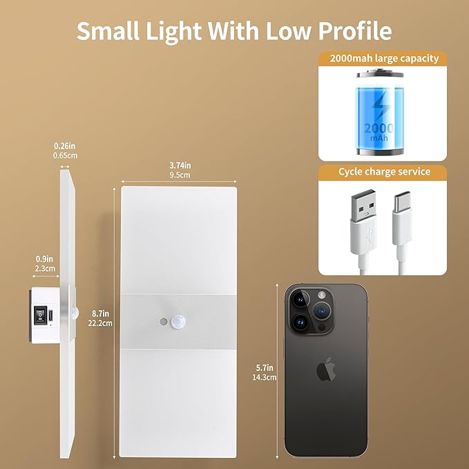 2pcs Motion Sensor Wall Sconces, Battery Operated Wall Sconce, Indoor Rechargeable USB Wall Light, Magnetic Wireless Warm White Energy Saving Wall Lamp for Hallway, Staircases, Living Room