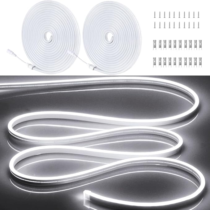 32.8FT/2PCS/10M/White Neon Light Strip - Flexible and Waterproof LED Rope Light with Installation Accessories for Indoor & Outdoor Decoration【Adapter Not Included】 OWO