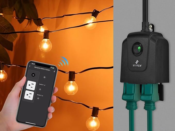 Monoprice Smart Outdoor Plug, IP65 Weather Resistance, 2 Individually Controlled Outlets, No Hub Required, Compatible with Google Home - Stitch Series