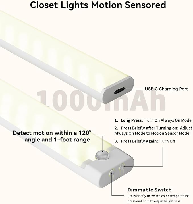 12 Inches Under Cabinet Lighting 12 Packs with 2 Charging Stations, Rechargeable Motion Sensor Light Indoor, 3 Color Temps, Dimmable Closet Light Stick on, Under Counter Lights for Kitchen
