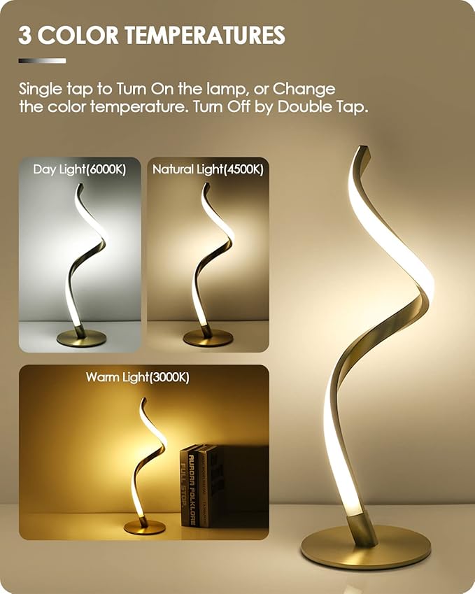 Yarra-Decor Modern Spiral Bedside Lamp - 3 Colors Touch Control LED Table Lamp, Stepless Dimmable Nightstand Lamps for Bedroom Living Room & Office, Gold(3000K 4000K 5000K)