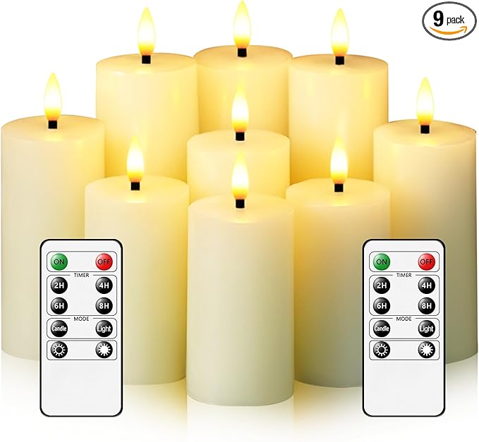Flameless Candles Real Wax Realistic Pillar Candles, 9 Packs Battery Operated LED Candles with Remote Timer, Ideal for Halloween Home Decor Ivory（D 1.6"*H 4" 4.5" 5.5" ）