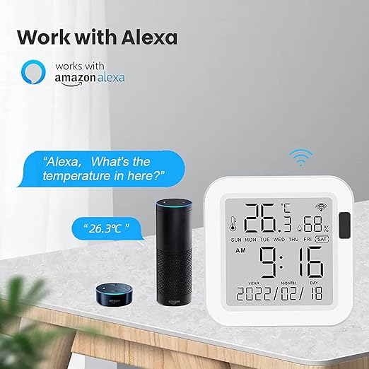 Smart WiFi Temperature Humidity Monitor: Tuya Wireless Temperature Humidity Sensor with APP Notification Alerts, WiFi Thermometer Hygrometer for Home Pet Garage with LCD Display, Compatible with Alexa