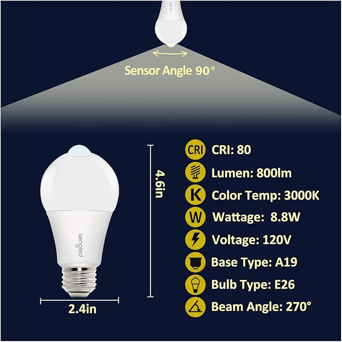 Sengled Motion Sensor Light Bulbs, A19 LED Dusk to Dawn Bulbs 3000K Soft White, Motion Activated Indoor Outdoor Light Bulbs 8.8W (60W Equivalent) 800 Lumens for Porch, Garage, Hallway, 6 Pack