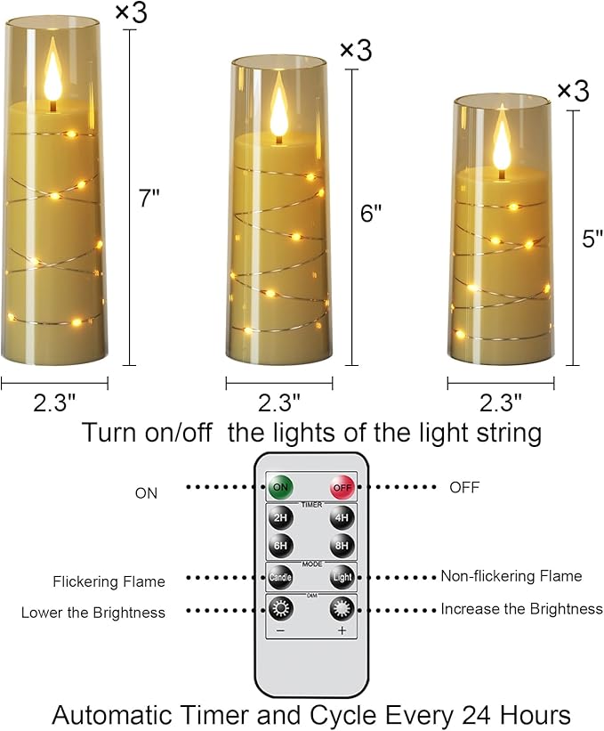 Wondise Flameless Flickering Candles with Embedded Star String Remote and Timer Battery Operated Black Flickering LED Candles Pillar Candles for Christamas Home Decoration (9pack