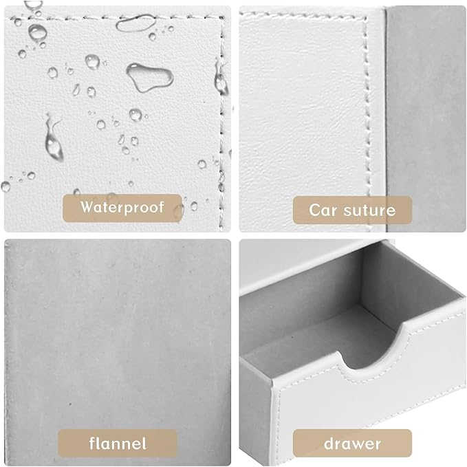 Leather Nightstand Organizer with Tissue Holder,White Square Tissue Box Cover with Organizer, Decorative Modern Facial Paper Storage Box for Bathroom Living Room Vanity Table Countertop Office