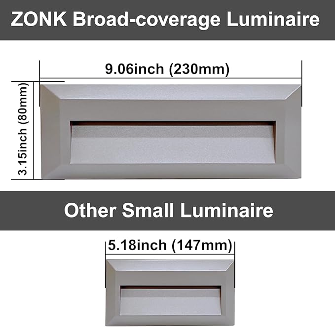 ZONK LED Outdoor Indoor Stair Lights, Line Voltage 110-240V 2W Landscape Pathway Step Light, 9Inch Non-dimmable 4000K IP65 Waterproof Stairway Lighting, Deck Lights, Retaining Wall Lights, 3 Pack