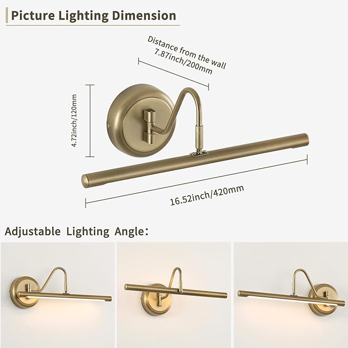 JOOSENLUX 16.5" Brass Picture Light Hardwired, Adjustable LED Art Display Lighting Fixture, 3000K Warm Dimmable Wall Sconce for Painting Portrait Gallery, Vintage Gold Metal Indoor Bedroom