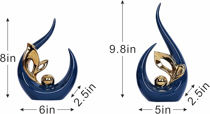 2 PCS Navy Blue Gold Home Decor Accent Ceramic Statue Abstract Sculpture Centerpieces Mid Century Modern Decor for Tables Coffee Table top Decorations for Living Room Desktop Shelf Dining Room Kitchen