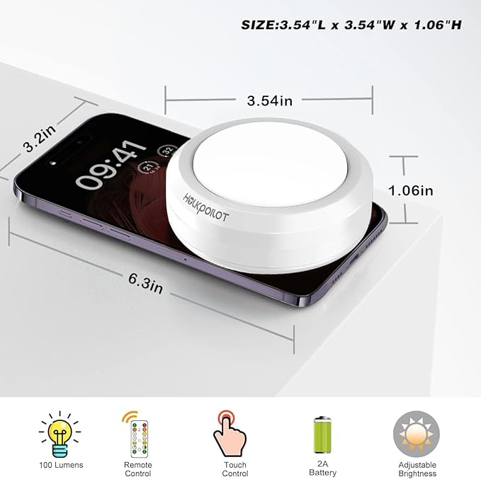 HOLKPOILOT Puck Lights with Remote Control, Under Cabinet & Counter Lighting, Battery Operated,Wireless Stick On Lights White (6pack)