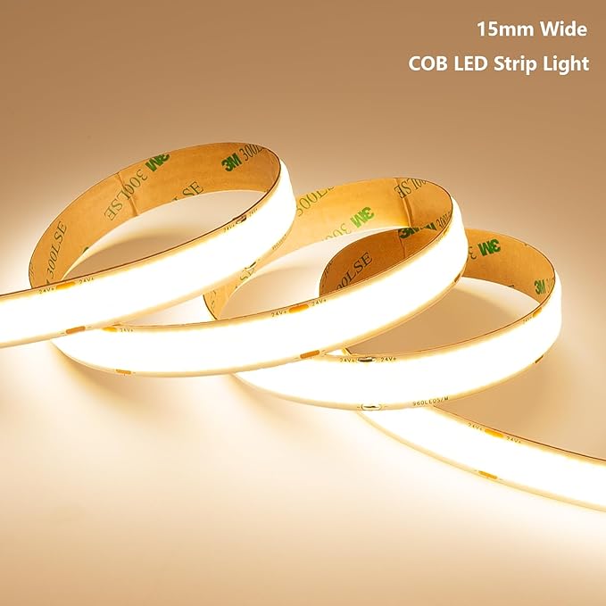 24V 15MM Wide COB LED Strip Light 32.8ft (2 Rolls of 16.4ft), 3000K Warm White Super Bright 25W/M 2750LM/M CRI 92 LED Tape Lights with Power Supply for Living Room Commercial