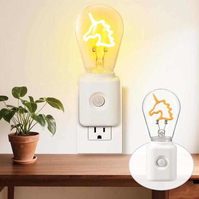 Vintage Filament LED Night Light Plug-in, Dusk to Dawn & Motion Sensor, 10-100LM Adjustable Brightness, Ultra Warm Ambience 2200K, Dimmable, for Bedroom, Hallway & Kitchen, 1 Pack