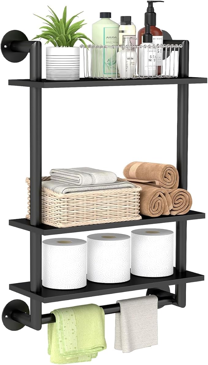 Bathroom Shelves Wall Mounted, 3 Tier Bathroom Shelf with Towel Bar, 26in Stainless Steel Floating Pipe Racks Over Toilet, Wall Shelves for Bathroom Laundry Room Kitchen Storage