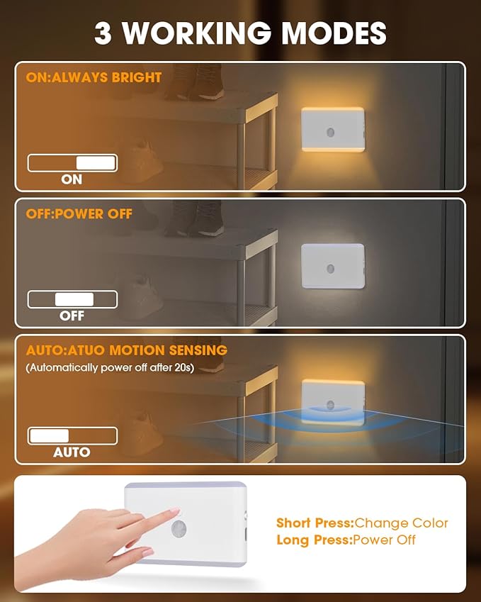 LAVAED Motion Sensor Night Light Indoor,RGB Charging Cordless Stair Lights,LED Wireless Step Light 500mAh Rechargeable Battery Operated Stick On Light for Hallway,Kitchen,Closet,Cabinet,Bedroom(4pack)
