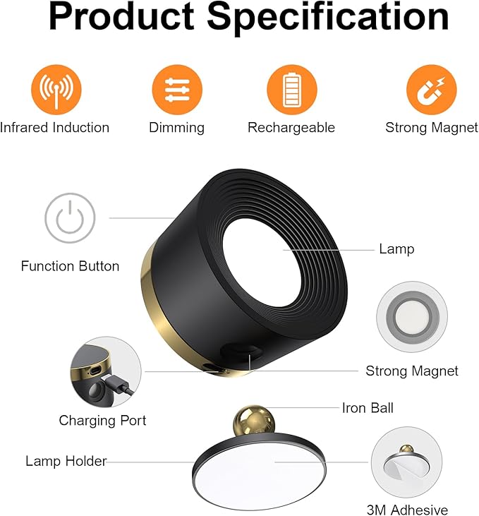 Moobibear Motion Sensor Wall Light Indoor, 3500mAh Rechargeable Battery Operated LED Wall Light, Wall Lamp Wireless with 360 ° Rotation, 3 Color Temperatures for Bedroom, Study, Corridor, Picture